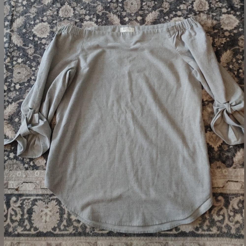 Babaton Light Gray Off-Shoulder Tie-Sleeve Blouse